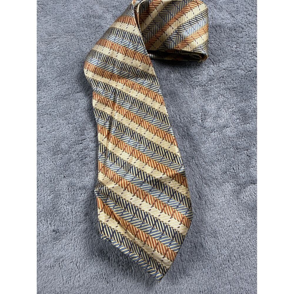 Bruno Piattelli Extra Long Silk Tie Gold Orange Blue Herringbone Stripe Mens USA
